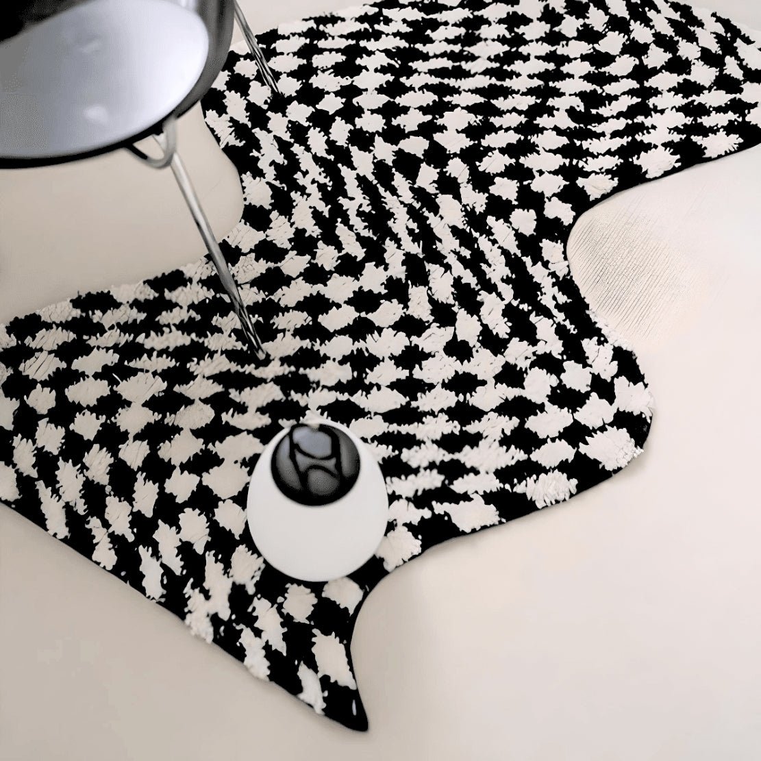 Black white checkerboard wavy floor rug