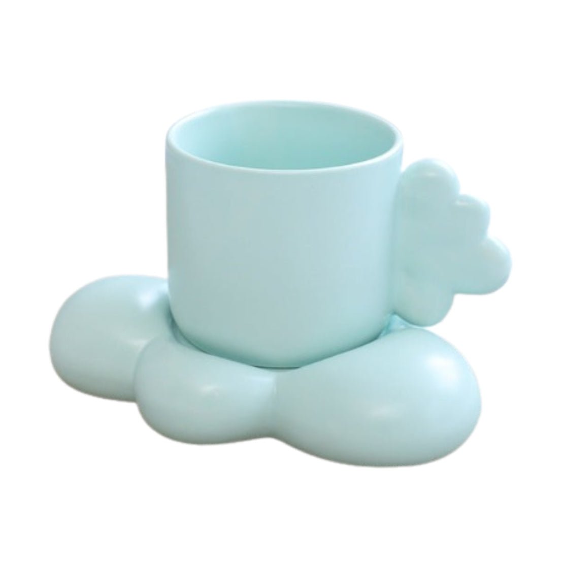 Blue ceramic mug with cloud handle and saucer
