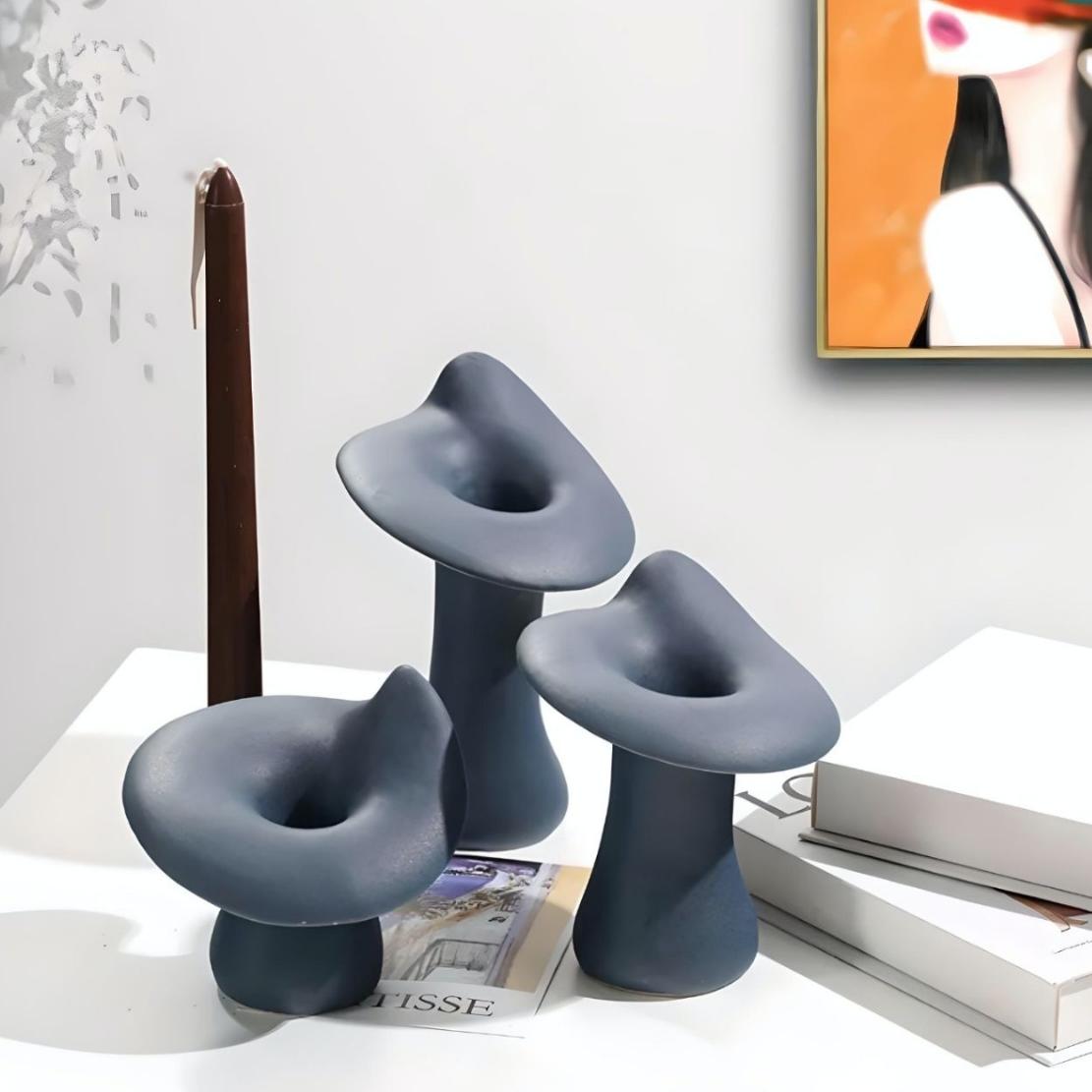 Blue, ceramic mushroom candlestick holders