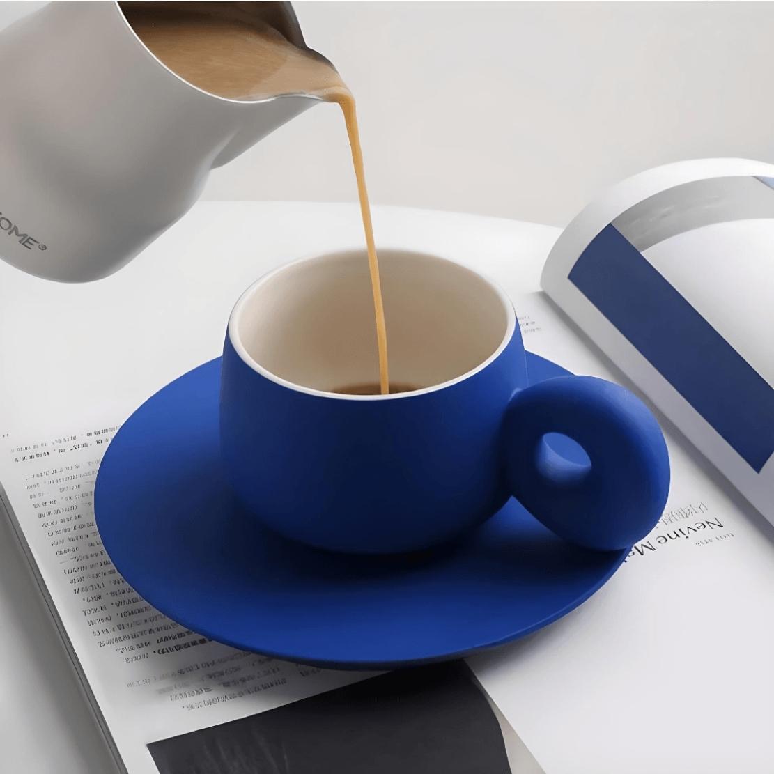 Ceramic blue coffee mug with saucer
