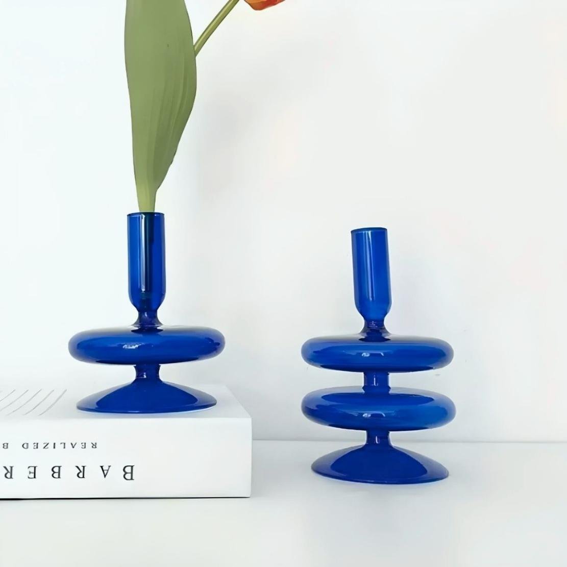 Blue, glass layered saucer candlestick holder