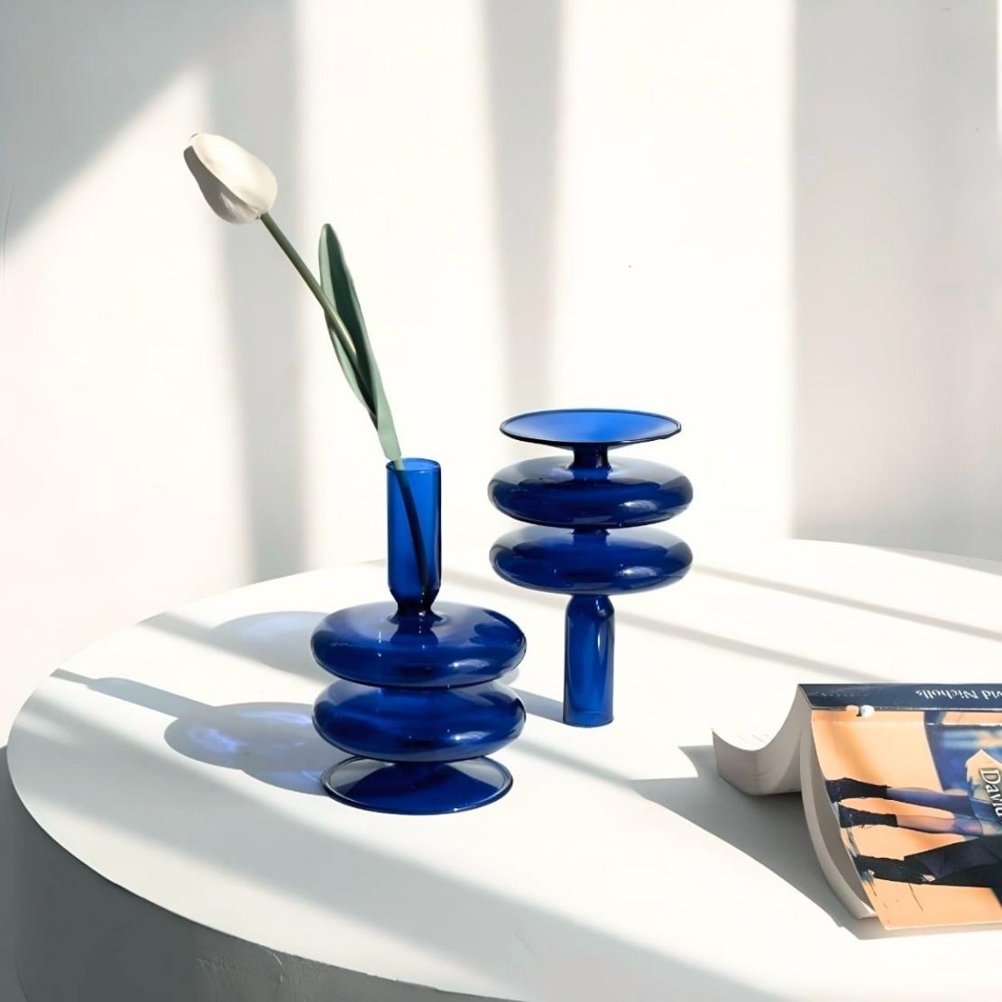 Blue, layered saucer glass candlestick holder