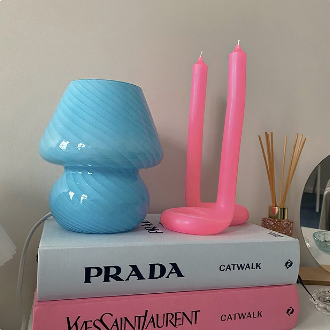 Blue glass tiny mushroom lamp and twist pink candle