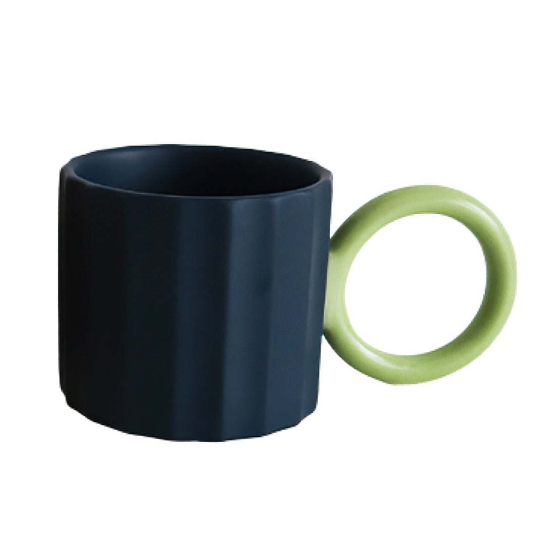 Blue, ceramic mug with a green, large, circle handle