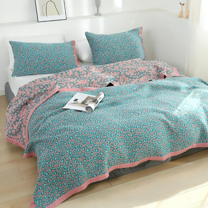 Blue pink cheetah animal print bedding set