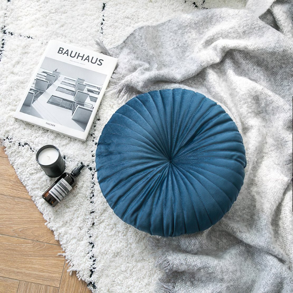 Blue, velvet round pumpkin decorative cushion