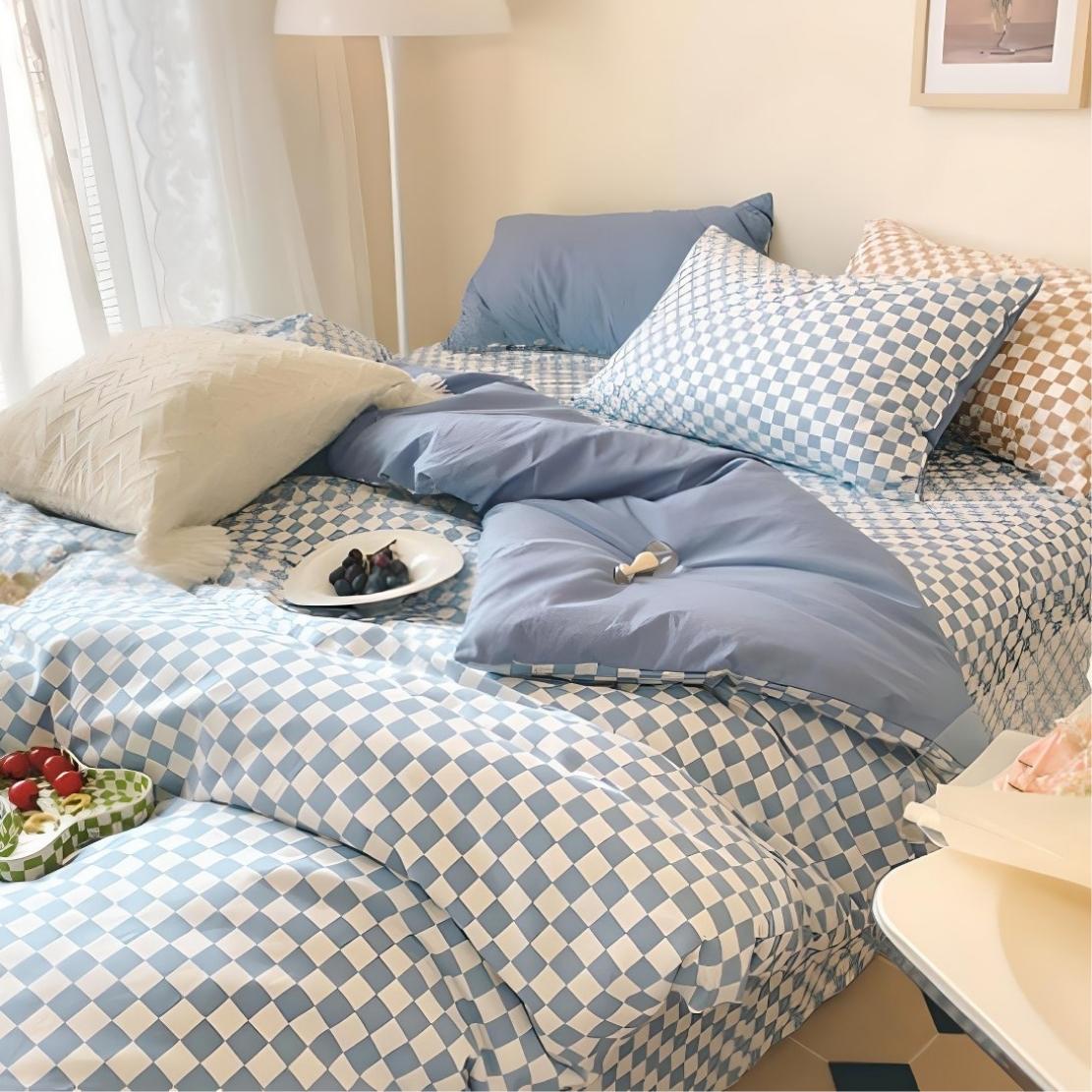 Blue white small pastel checkerboard pattern bedding set