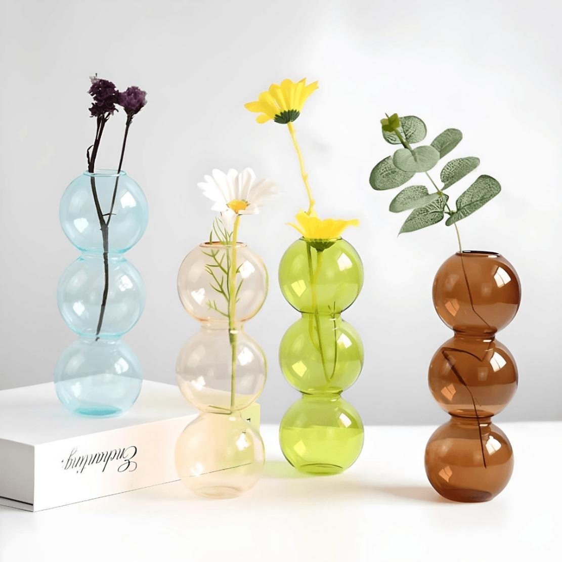 Blue, yellow, green & brown layered glass ball vases