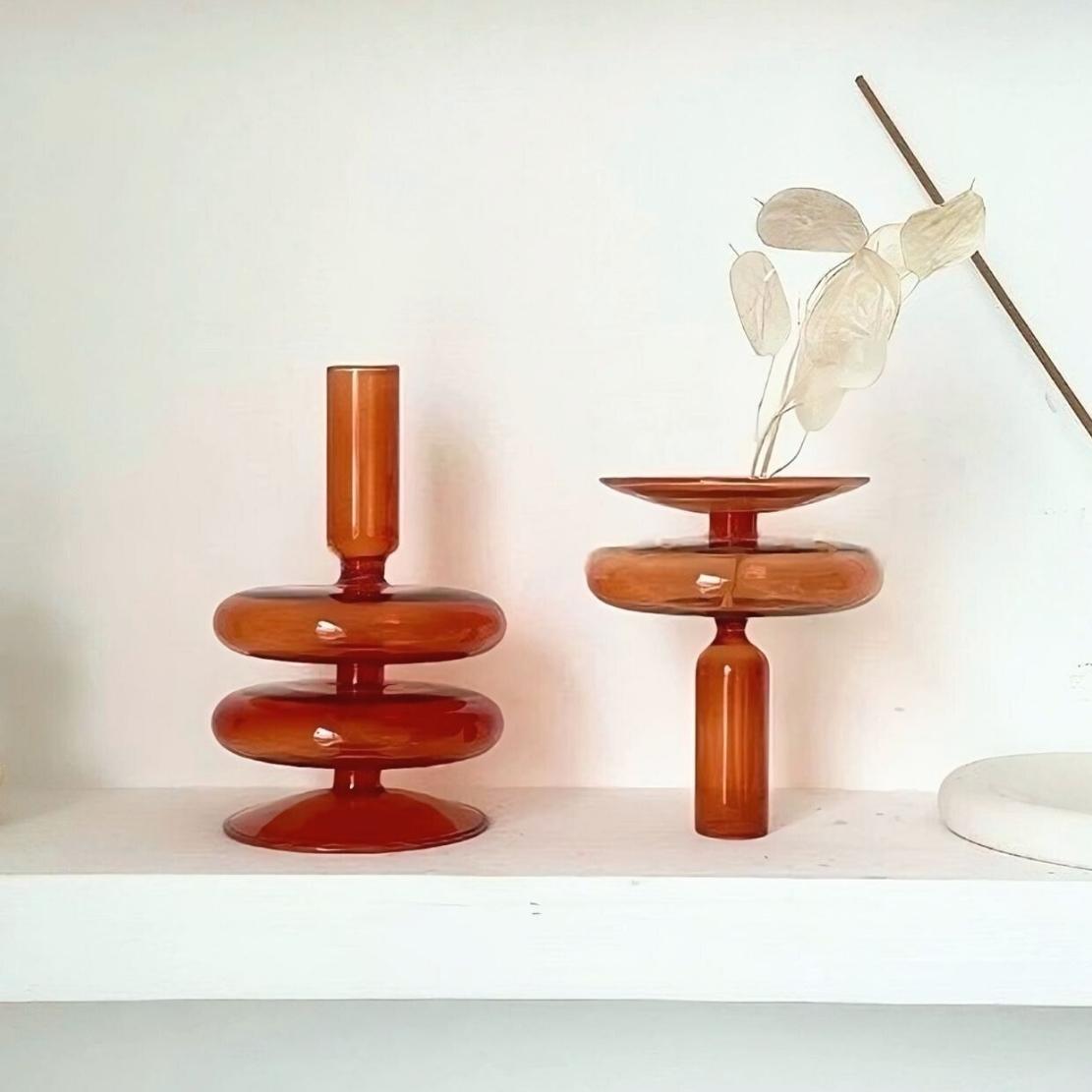Brown, glass layered ripple candlestik holders