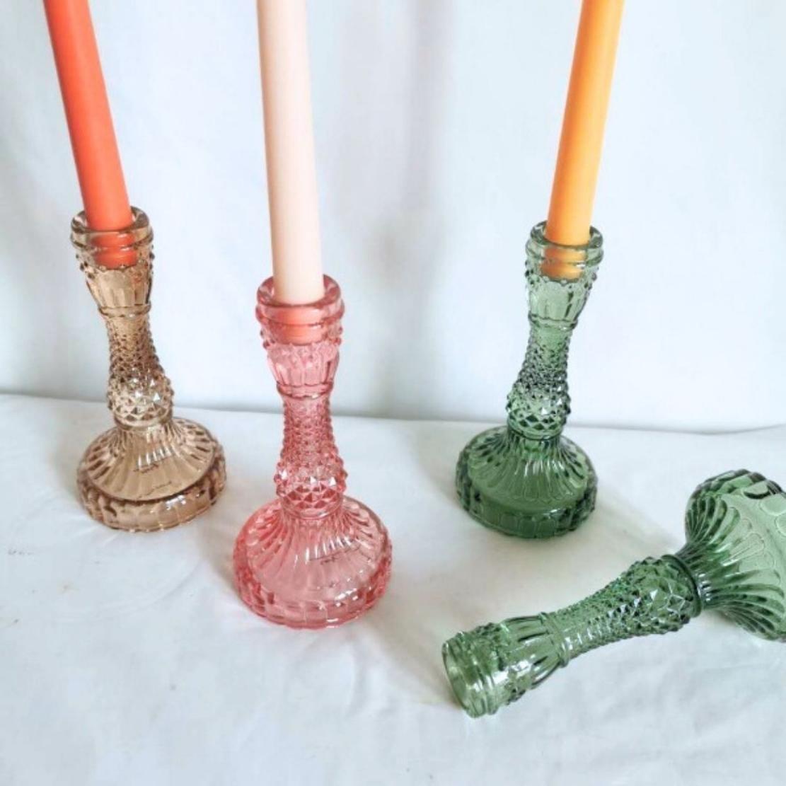 Brown, pink & green romantic glass candleholders