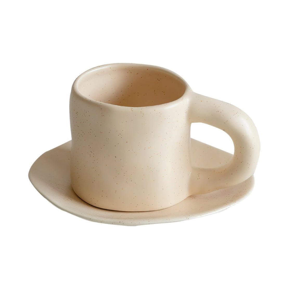 Beige, ceramic pottery mug with saucer