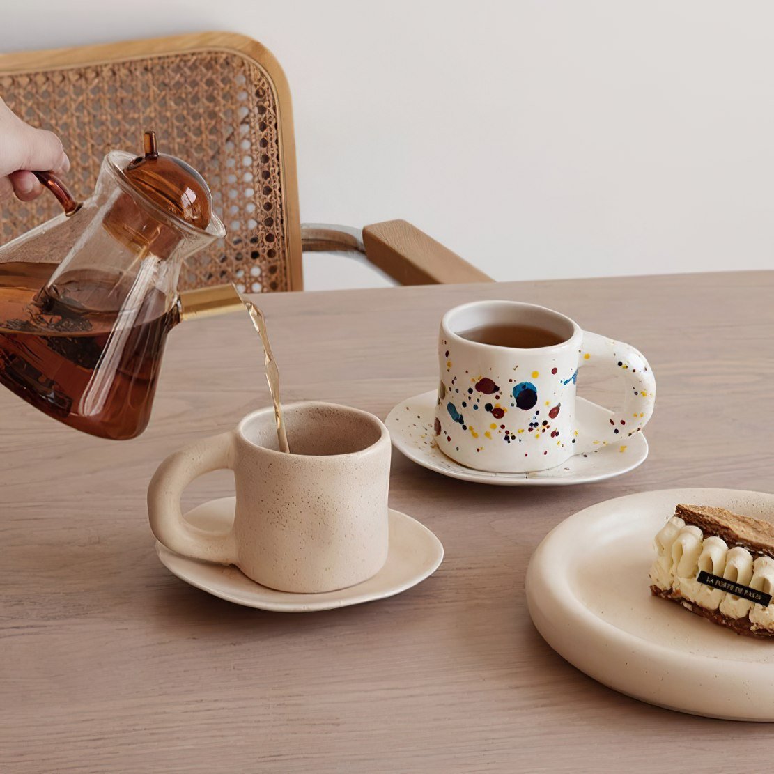 Ceramic pottery coffee mug and saucer