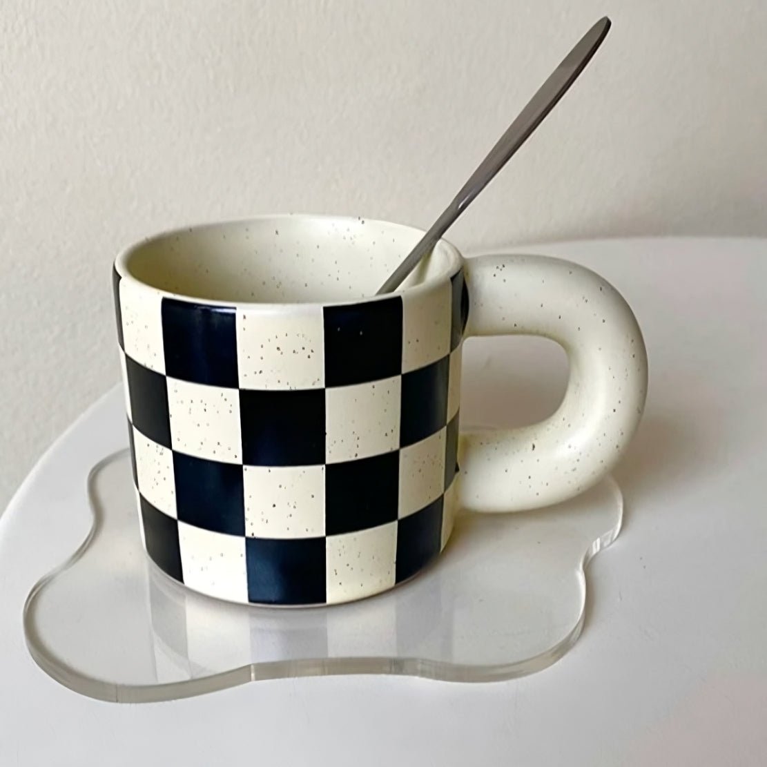 Black white check square mug with acrylic irregular cup holder