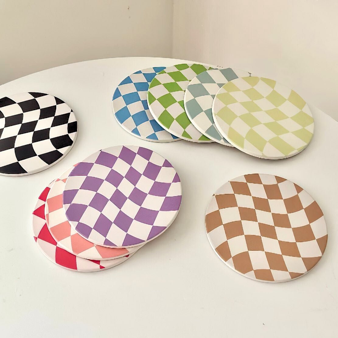 Round, colourful, groovy checkerboard pattern cup coaster