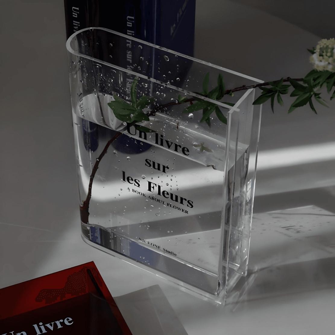 Transparent acrylic book vase with text