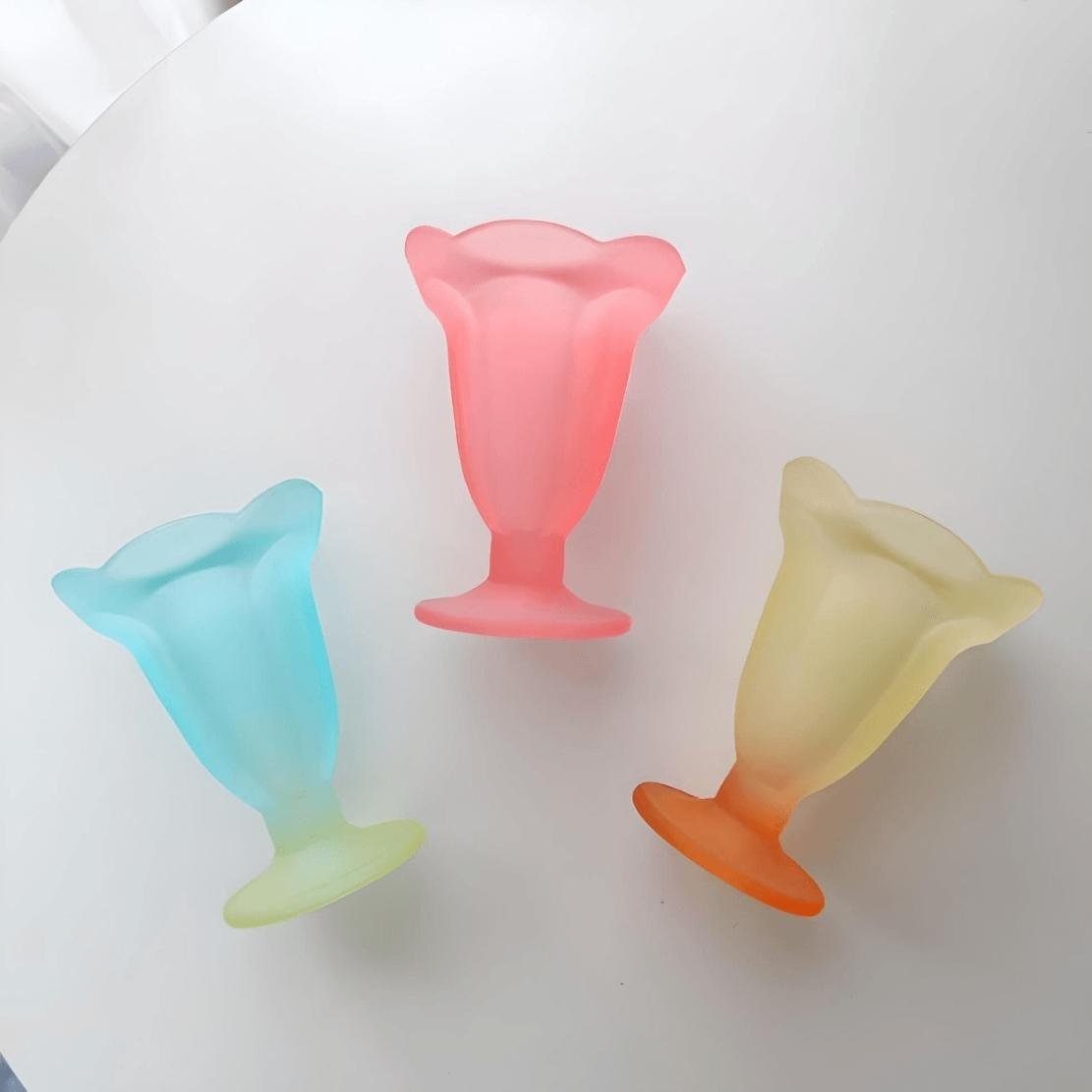 Blue, pink & yellow frosted glass trumpet dessert bowl