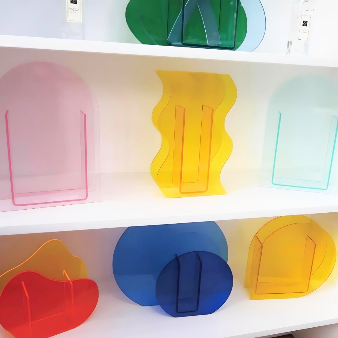 Geometric, colourful acrylic vases