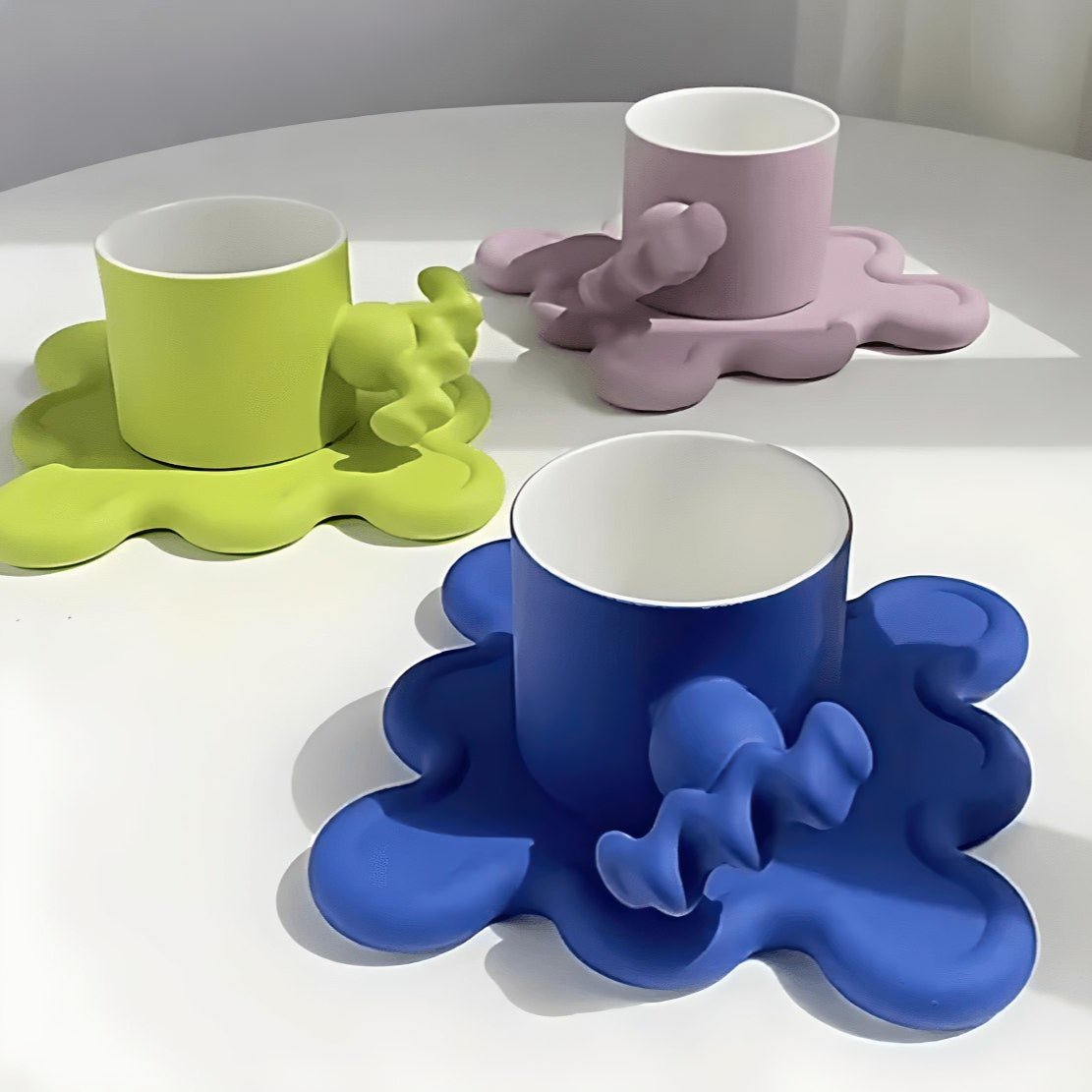 Blue, green & pink geometrical playful shape ceramic coffee mug with saucer