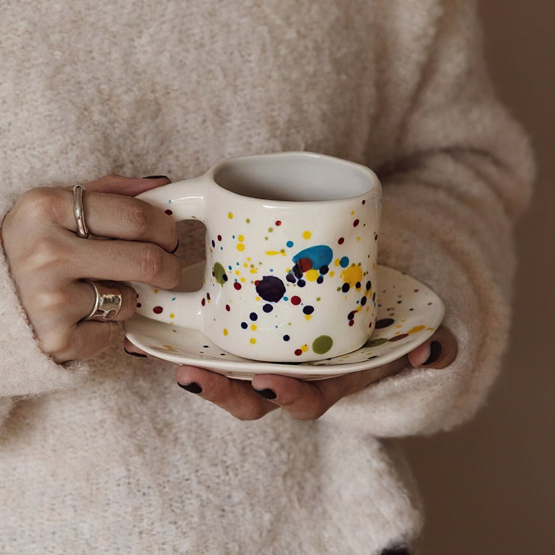Colourful splash ink ceramic mug & saucer