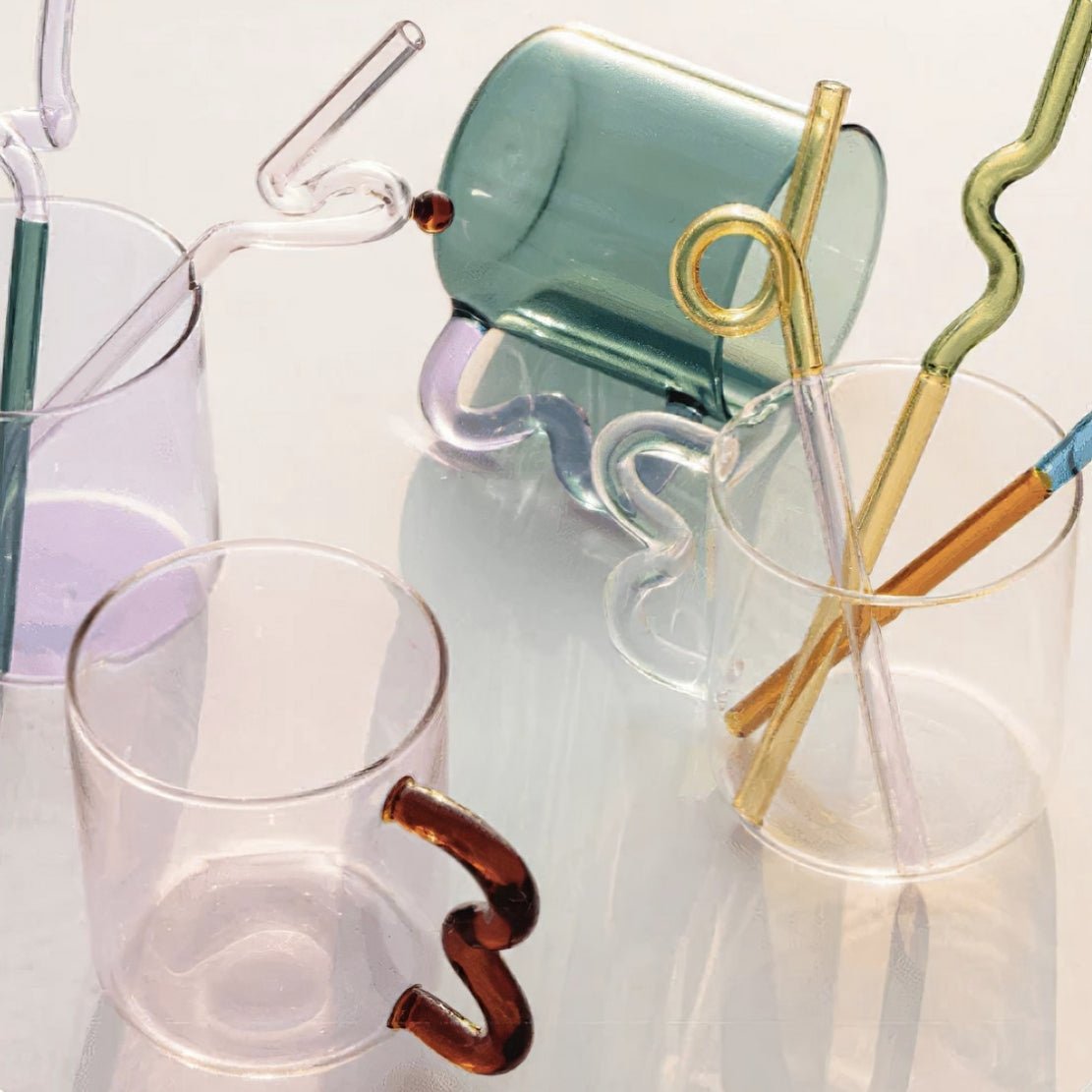 Colourful & playful glass squiggle handle drinkware