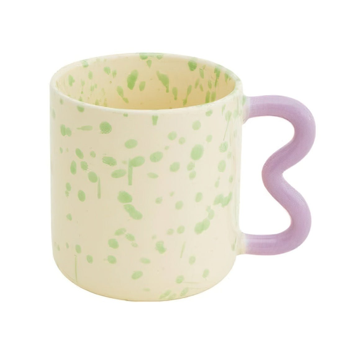 Beige, green splash ink, pink squiggle handle mug