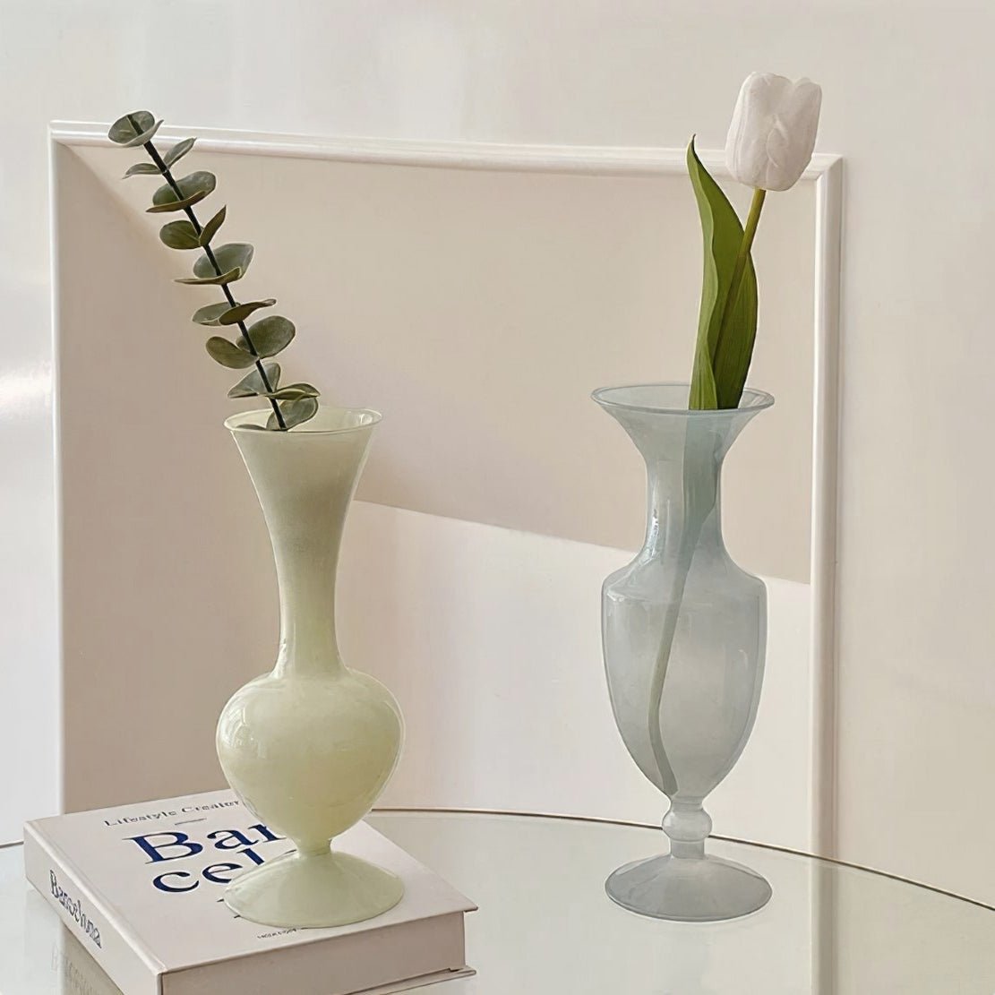 Romantic glass minimal flower vase in green and grey