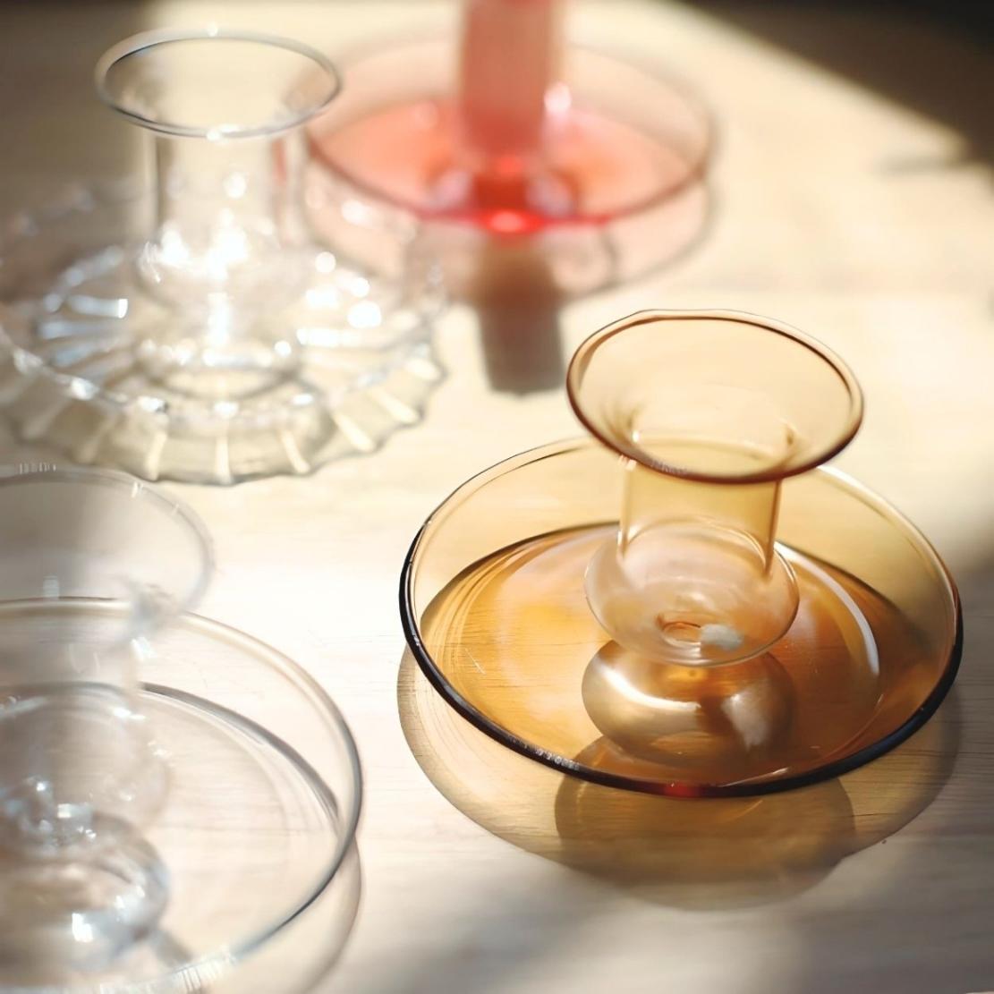 Simple amber glass candlestick holder