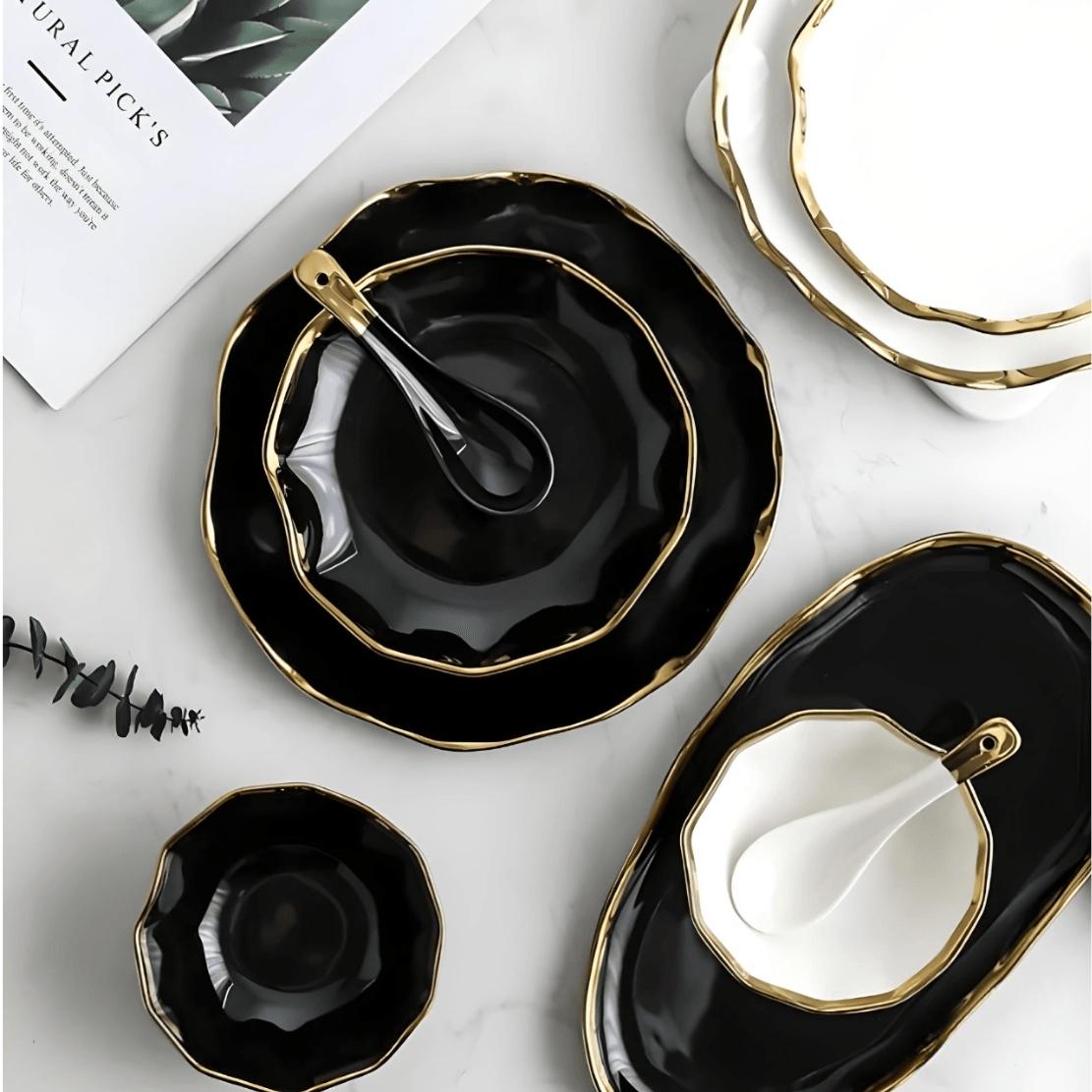 Elegant dining ware black porcelain plates and bowls with gold rim