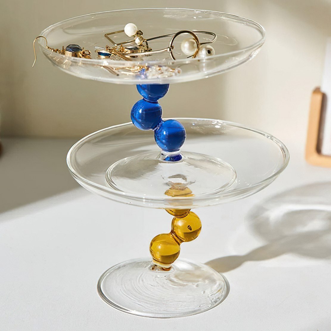 Pearl stem elevated glass jewellery trays
