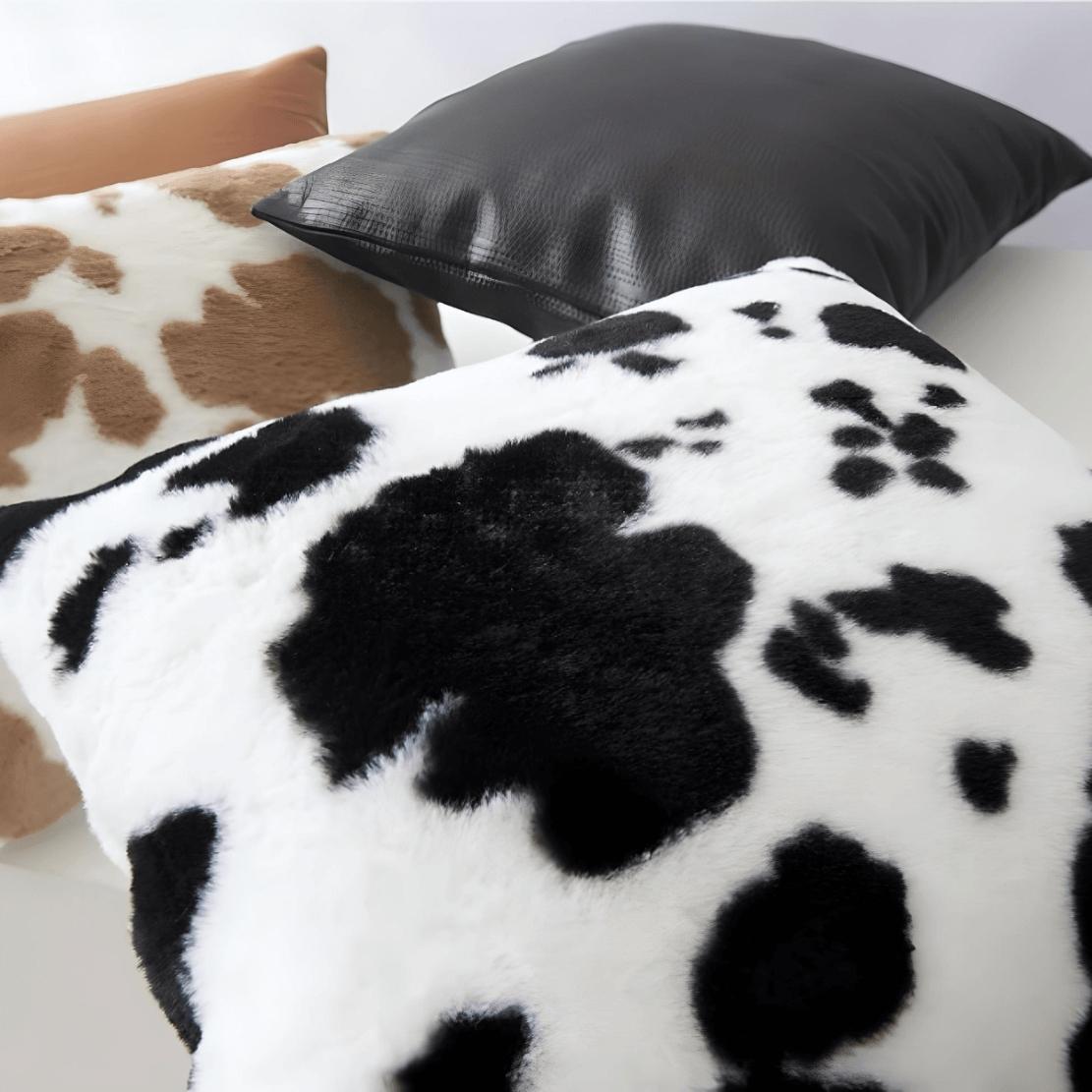 Fluffy faux black white cow print cushion