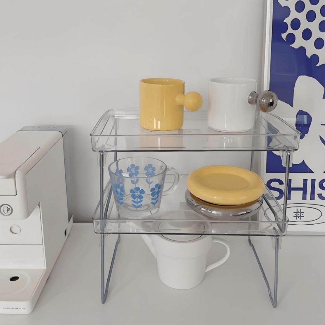 Foldable acrylic kitchen storage shelf with mugs & plates
