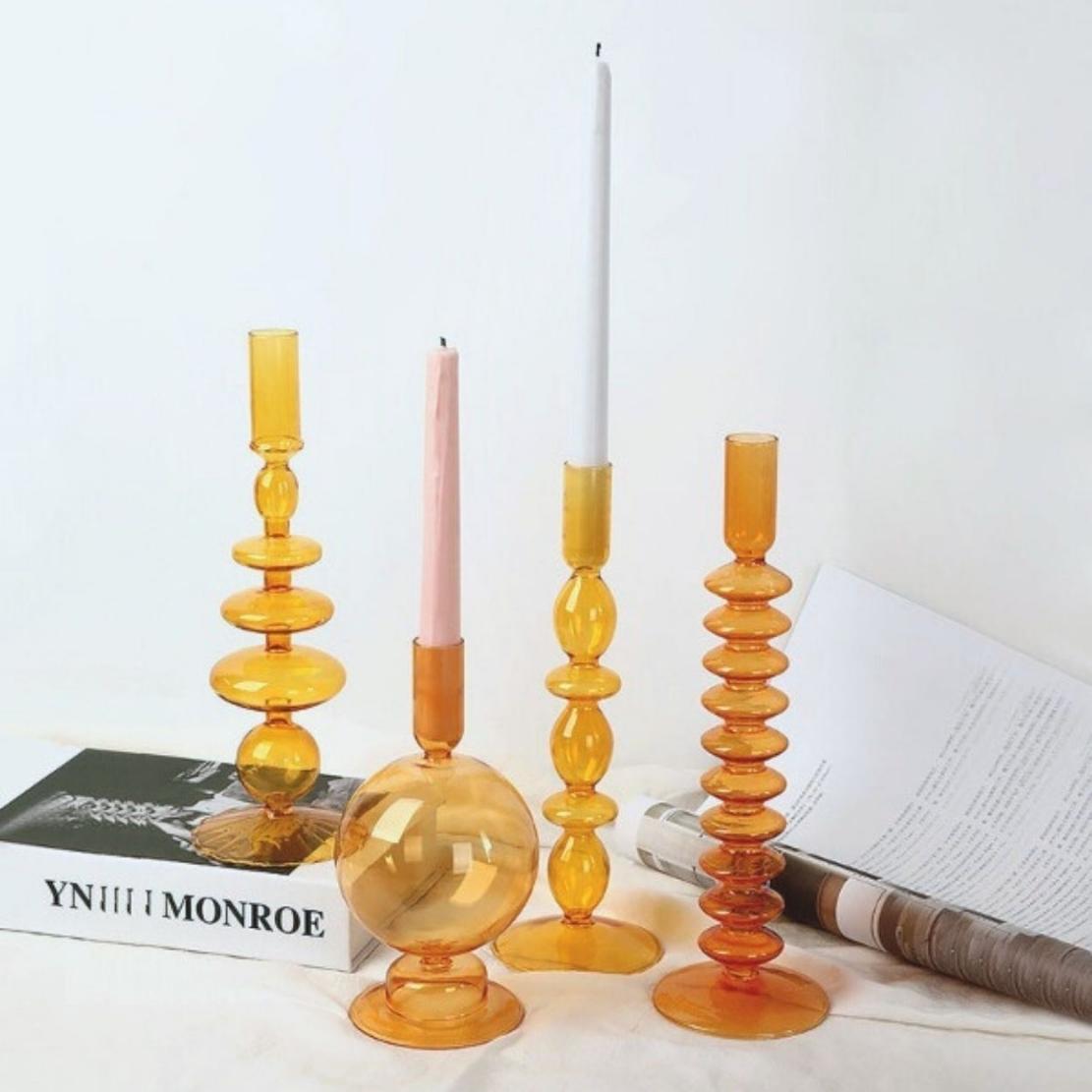 Geometric glass orange candlestick holders