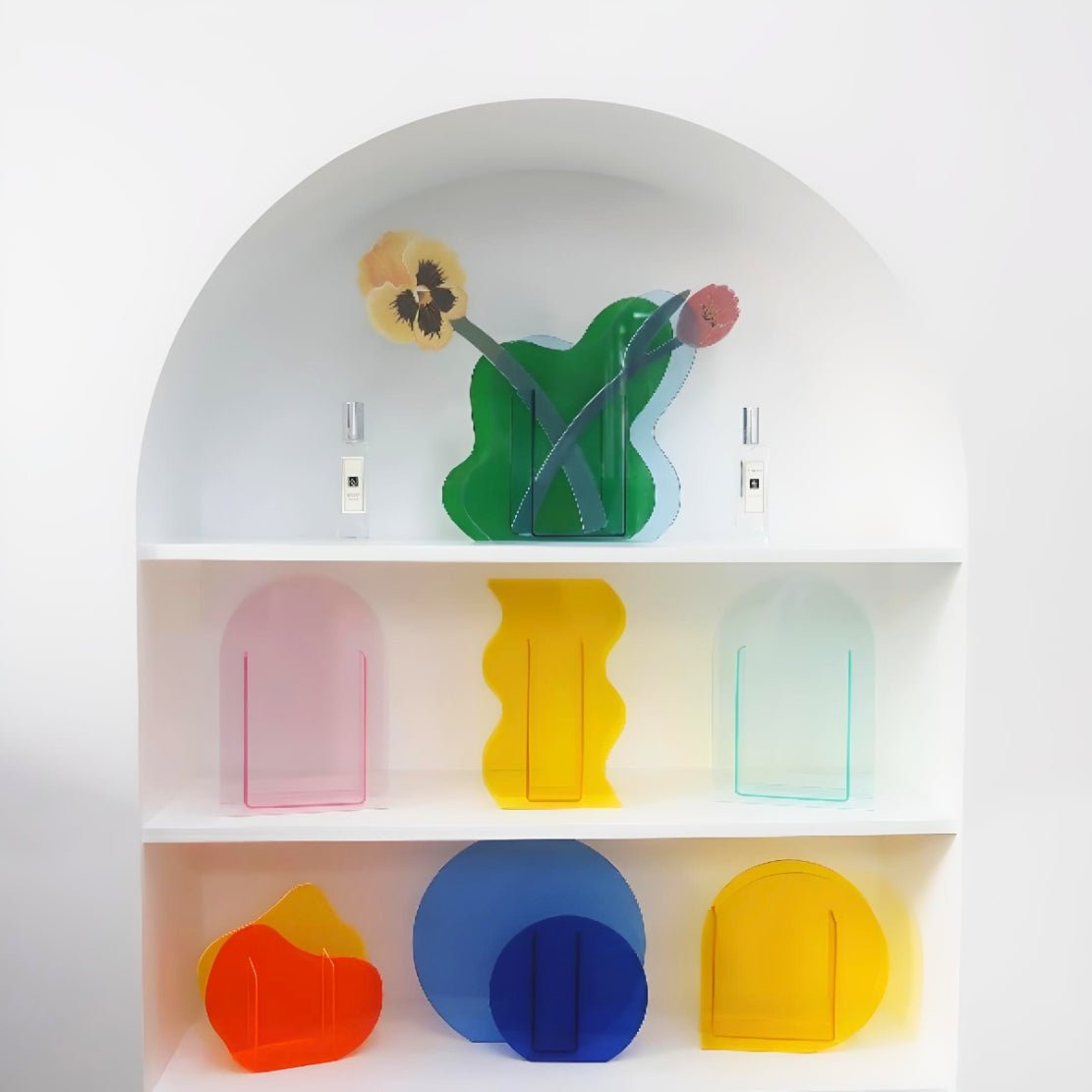Geometric, colourful acrylic decorative vases