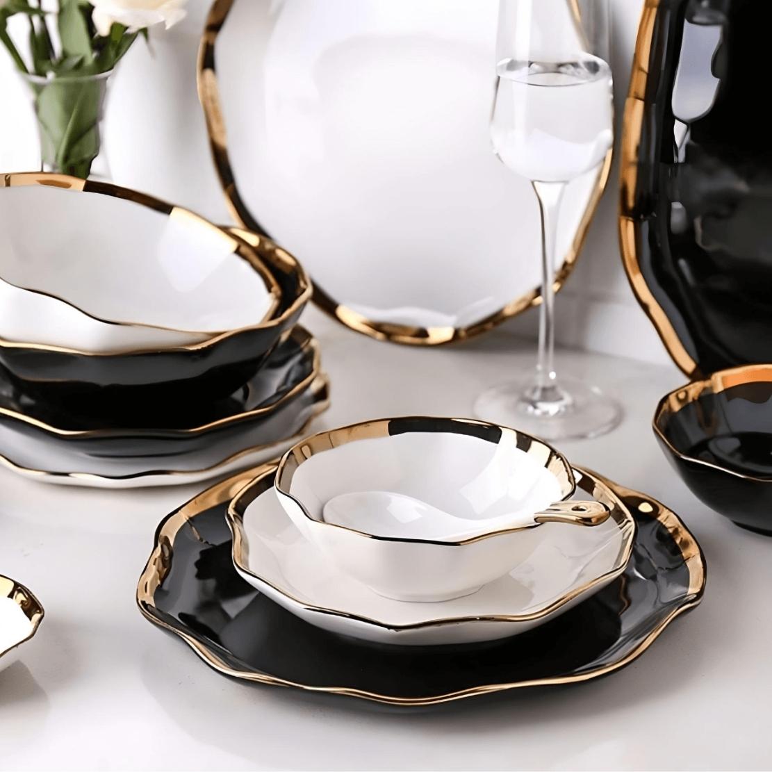 Elegant dining ware / Black white porcelain plates with god rim