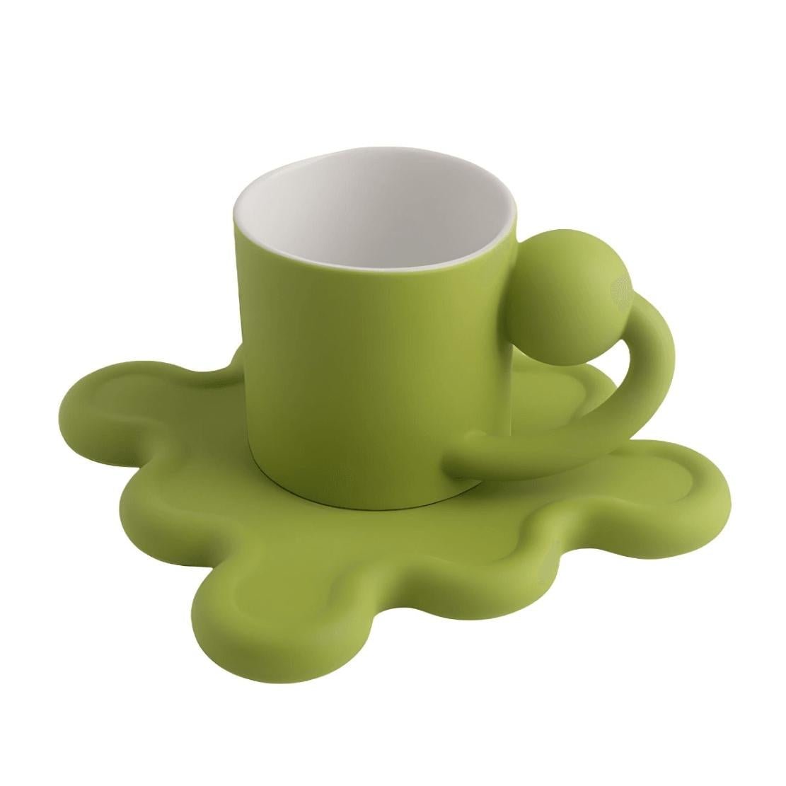 Green ball handle mug with wavy wiggle saucer