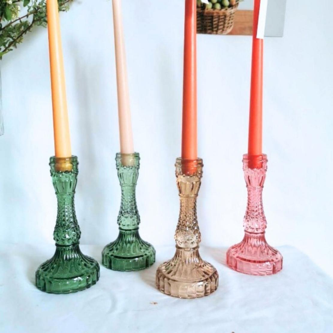 Green, brown & pink romantic glass candlestick holder