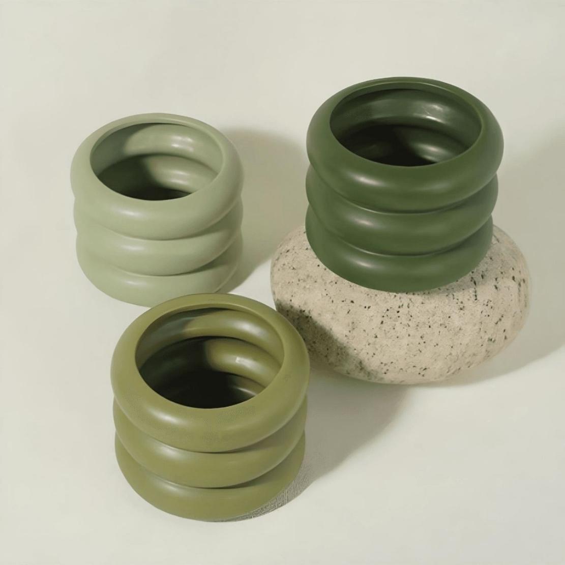Three shades of green layered donut ceramic flowerpot vases