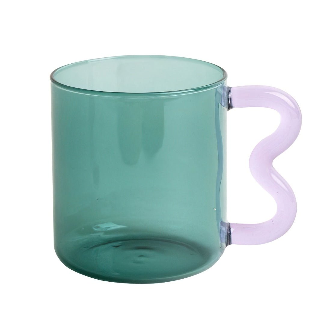 Green glass, purple squiggle handle glass mug