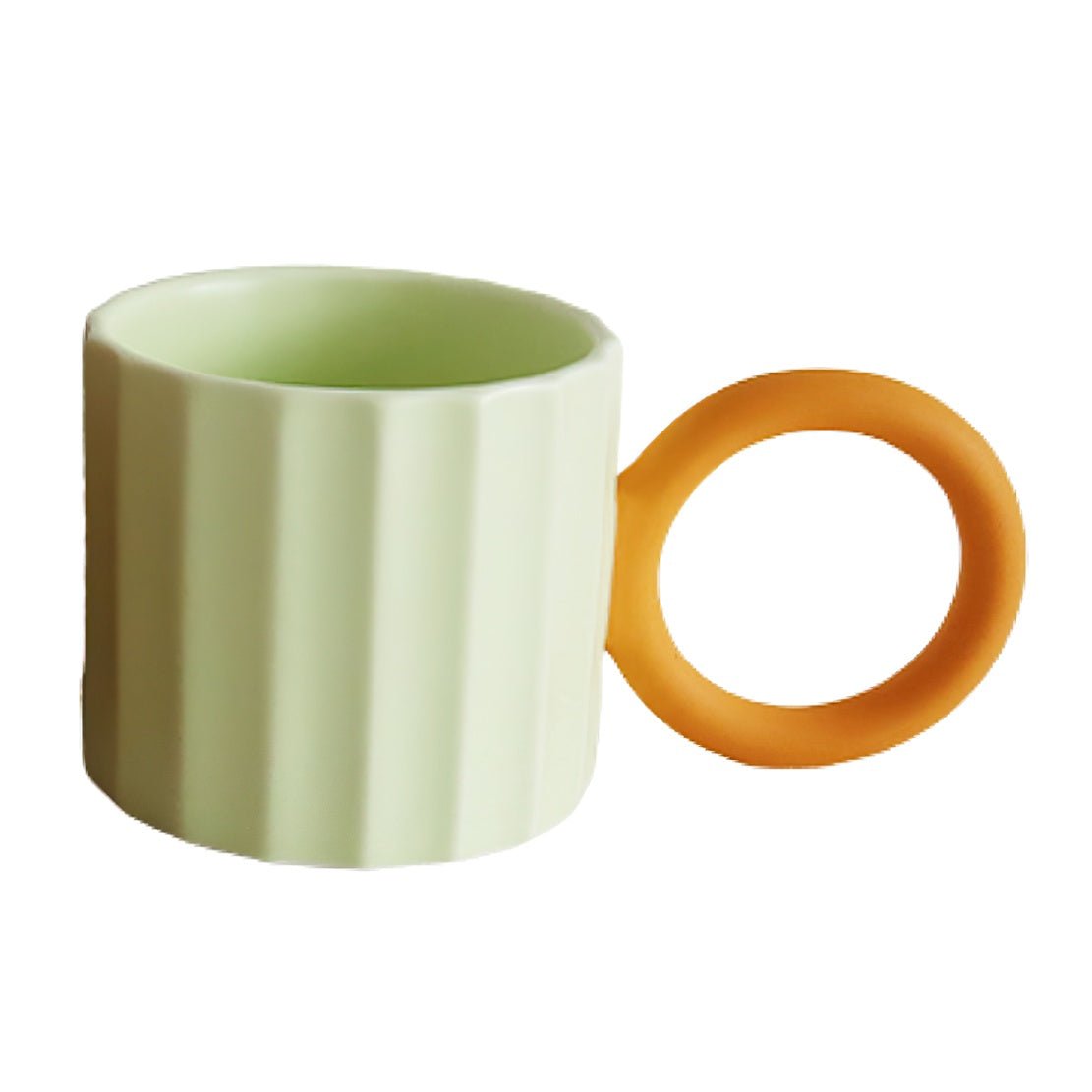 Green ceramic mug with a large, orange circle handle