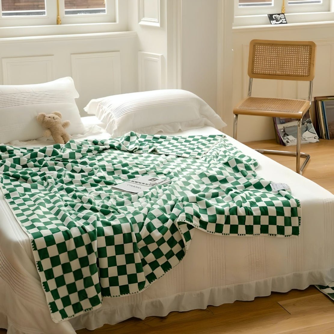 Green white checkerboard fleece blanket