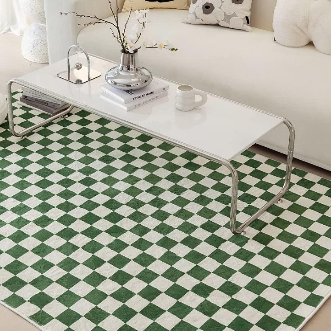 Green white checkerboard living room floor carpet