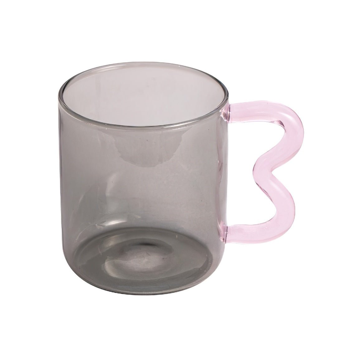 Grey glass, pink squiggle handle glass mug