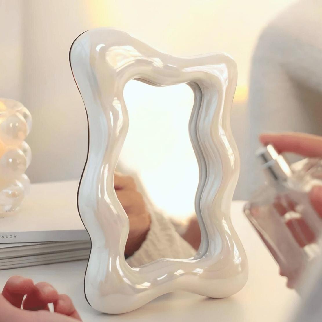 White, groovy irregular frame table mirror