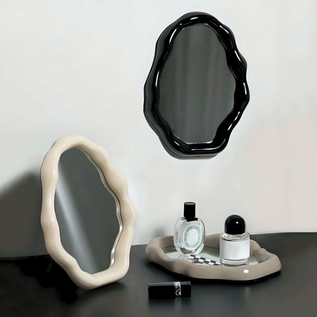 Irregular frame makeup table mirror in cream white black and grey