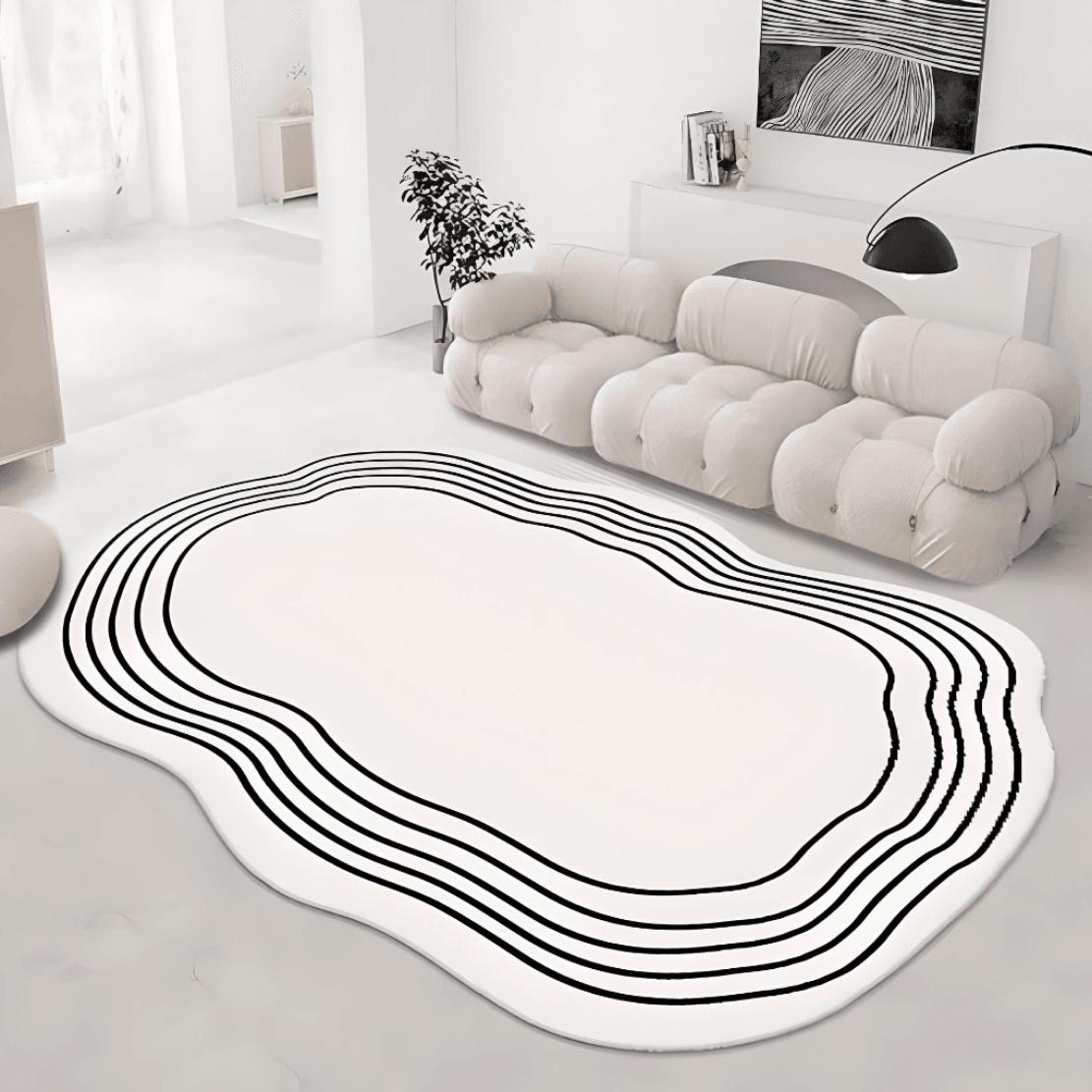 White, modern irregular livingroom floor rug with thin black lines.