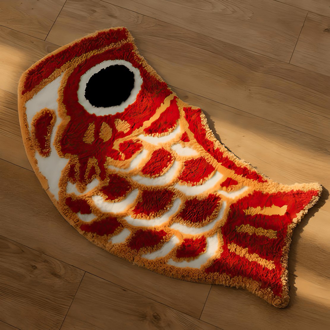 Japanese design, red, orange and white gold fish floor rug