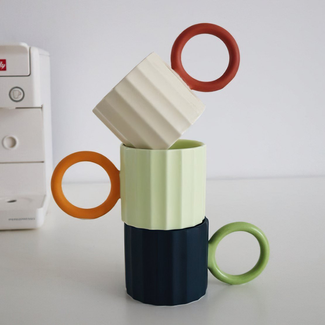 Colourful red & beige, orange & pastel green and dark blue & green large circle handle ceramic coffee mugs