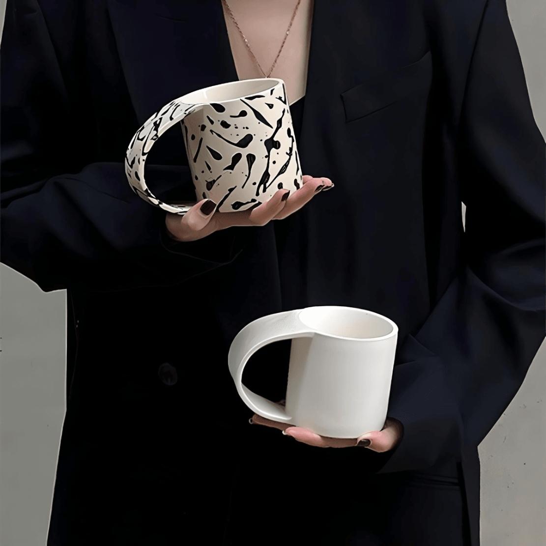Large flat handle ceramic coffee mugs / White Splash Ink