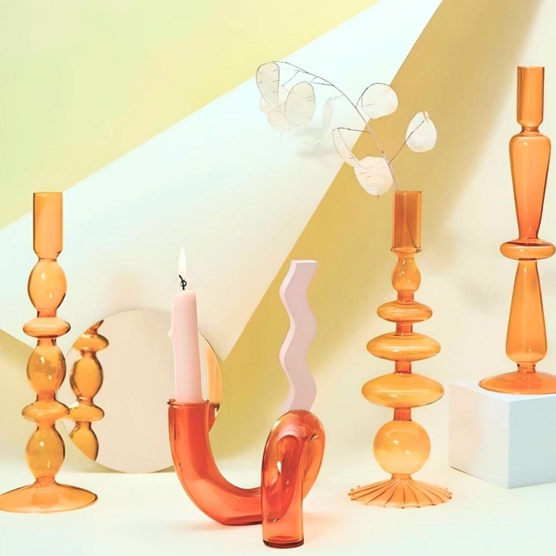 Orange glass geometric candlestick holders