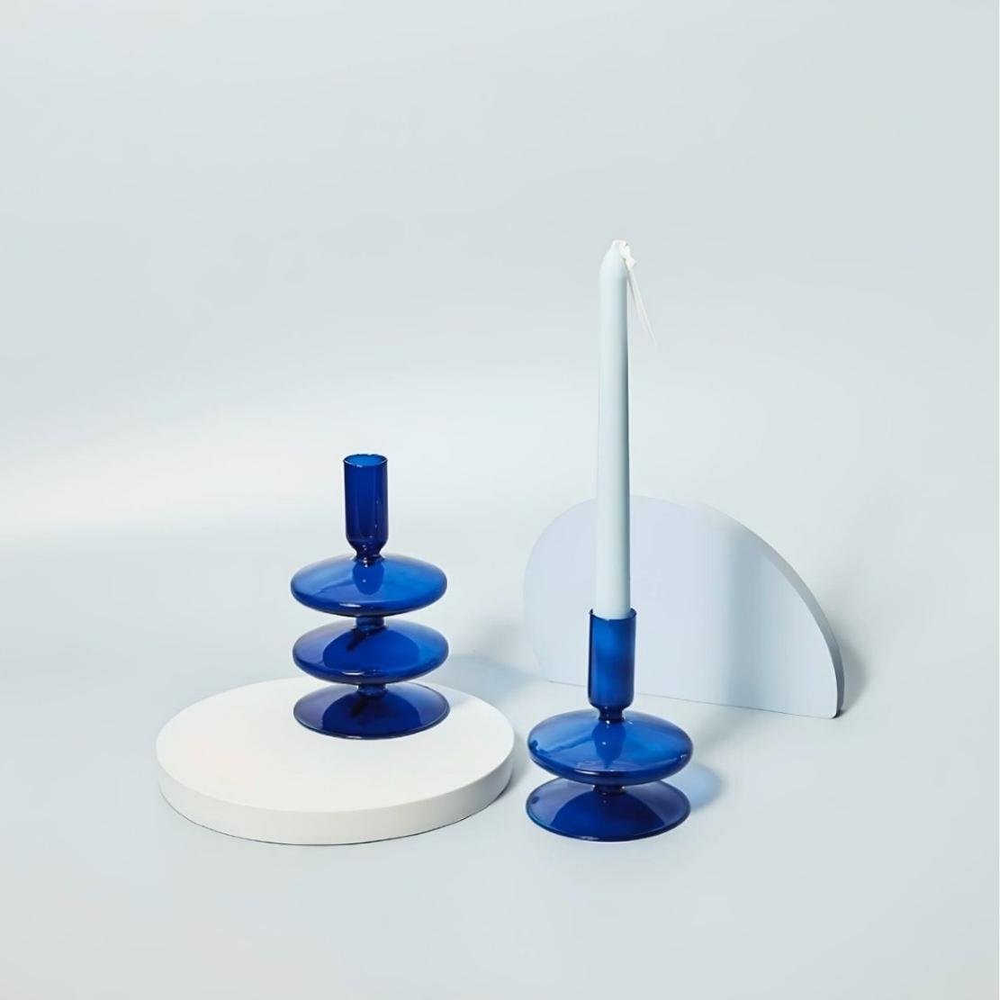 Layered glass blue saucer candleholders